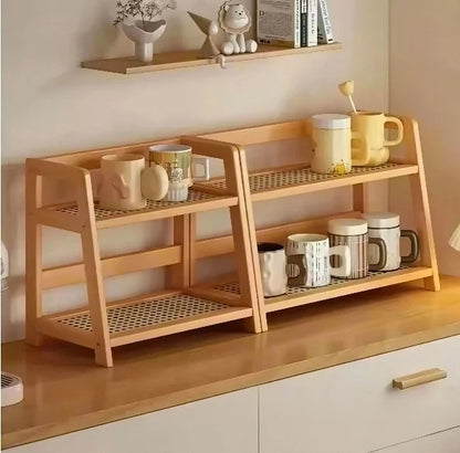 Retro Bamboo 2 Layer Storage Rack Countertop Organizer Stable Kitchen Shelf for Home Hotel Apartment Dressing Table