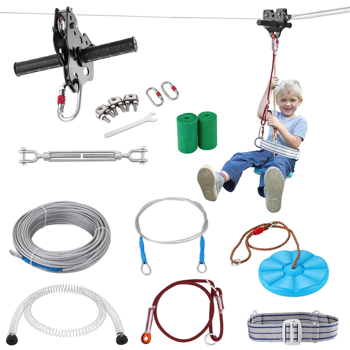 SucceBuy 60/80/100/120FT Zipline Kit Up to 500 lbs Backyard Outdoor Playground Entertainment Stainless Steel Safety Harness Seat