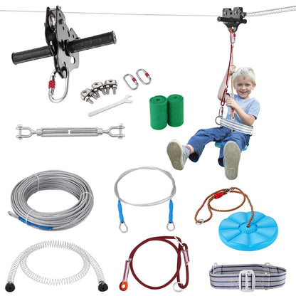 SucceBuy 60/80/100/120FT Zipline Kit Up to 500 lbs Backyard Outdoor Playground Entertainment Stainless Steel Safety Harness Seat
