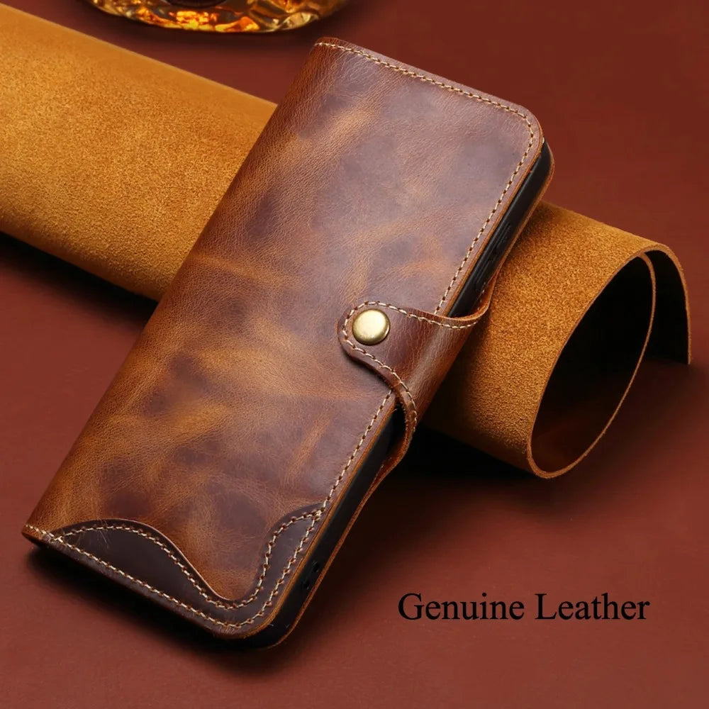 Retro Genuine Leather Case for Samsung Galaxy S26 Ultra S26+ S20 S10 Note 10 Plus Business Purse Cover with Lanyard Card Pocket