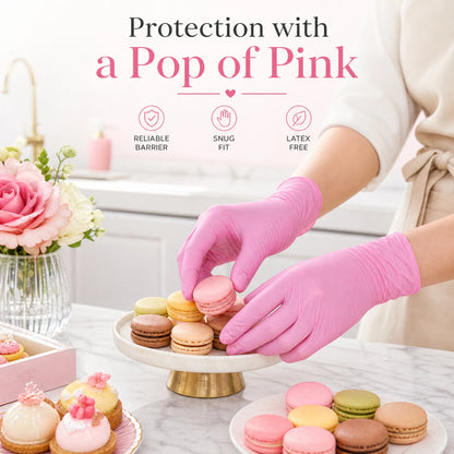 Simple Pink Nitrile Gloves 100Pcs, Daily Protection Must-Have, for Cooking Cleaning, Hypoallergenic