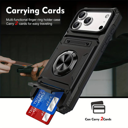 Rugged Armor Phone Case with Hidden Dual Card Slot & 360° Rotating Metal Ring Holder Kickstand, Shockproof Heavy-Duty Hard Shell with Raised Camera Protection, Compatible with iPhone 18/17 Pro Max/16/15/14/13/12/11/Plus/Aie