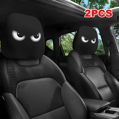 2PCS Funny Slanted Eyes Cartoon Print Car Headrest Cover for Halloween Christmas Holiday Automobile Interior Decoration