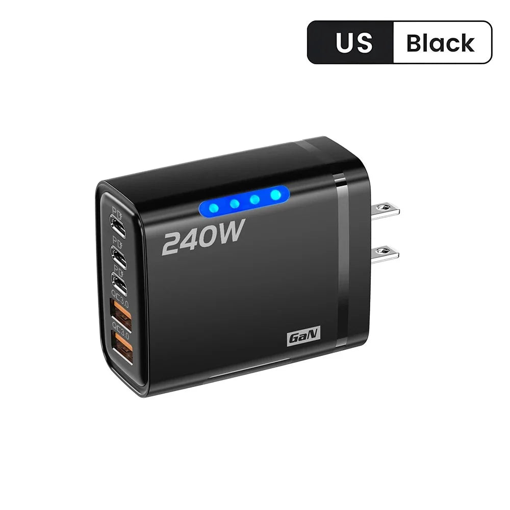 240W 5 Ports GaN Fast USB Charger Multi Port Wall Power Adapter Quick Charge Phone Charger EU US Plug For iPhone Samsung Xiaomi