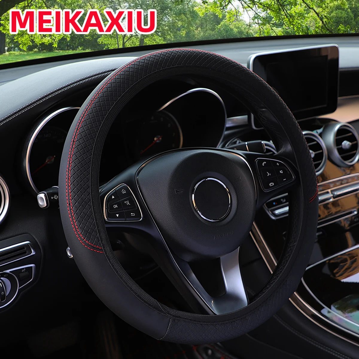 PU leather checkered embossed multi-color car rimless steering wheel cover suitable for 14.5 - 15 inch car interior accessories