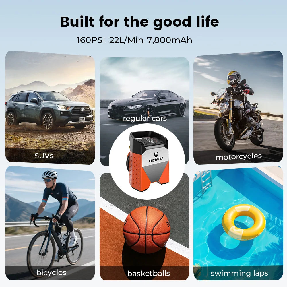 ETENWOLF ZEPHYR S3C 7800mAh Portable Air Compressor Suitable for Cars, Motorcycles, Cycling Balls 100% Duty Cycle Car Tire Inflator