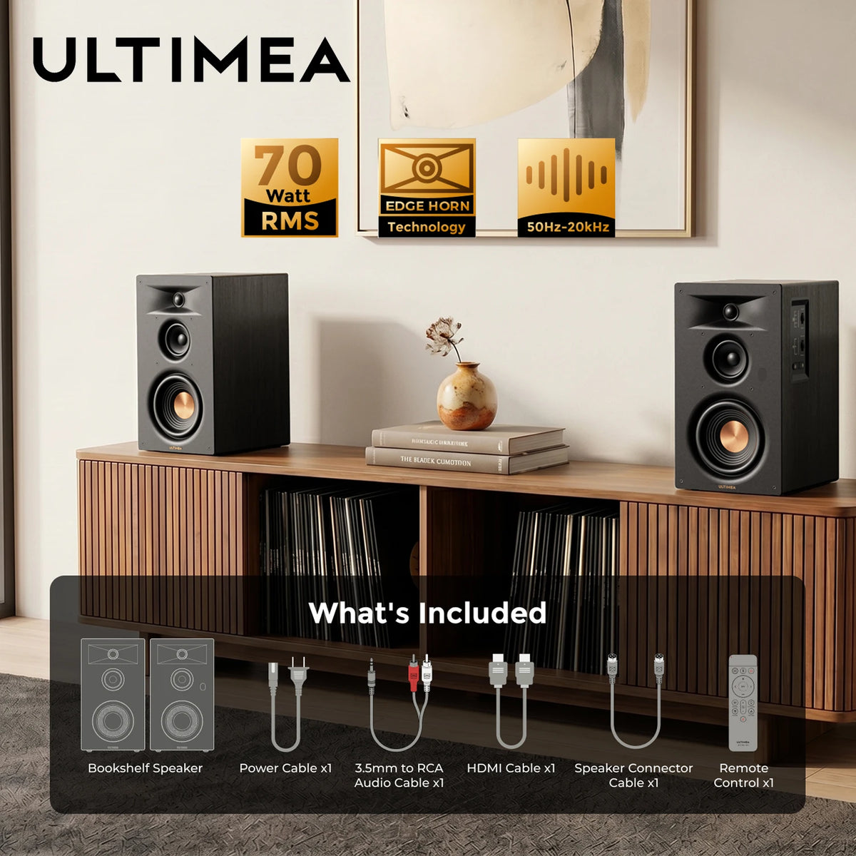 ULTIMEA 5.25'' Three-way Bookshelf Speakers, 70W RMS, App Control, Edge Horn Tech & BassMX, Home Theater Subwoofer, Auracast