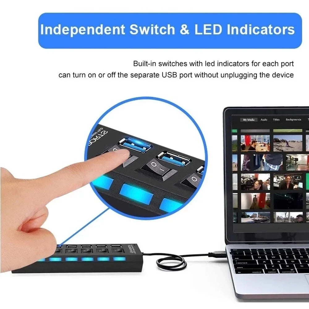7-Port USB Hub Splitter with Individual Switch
