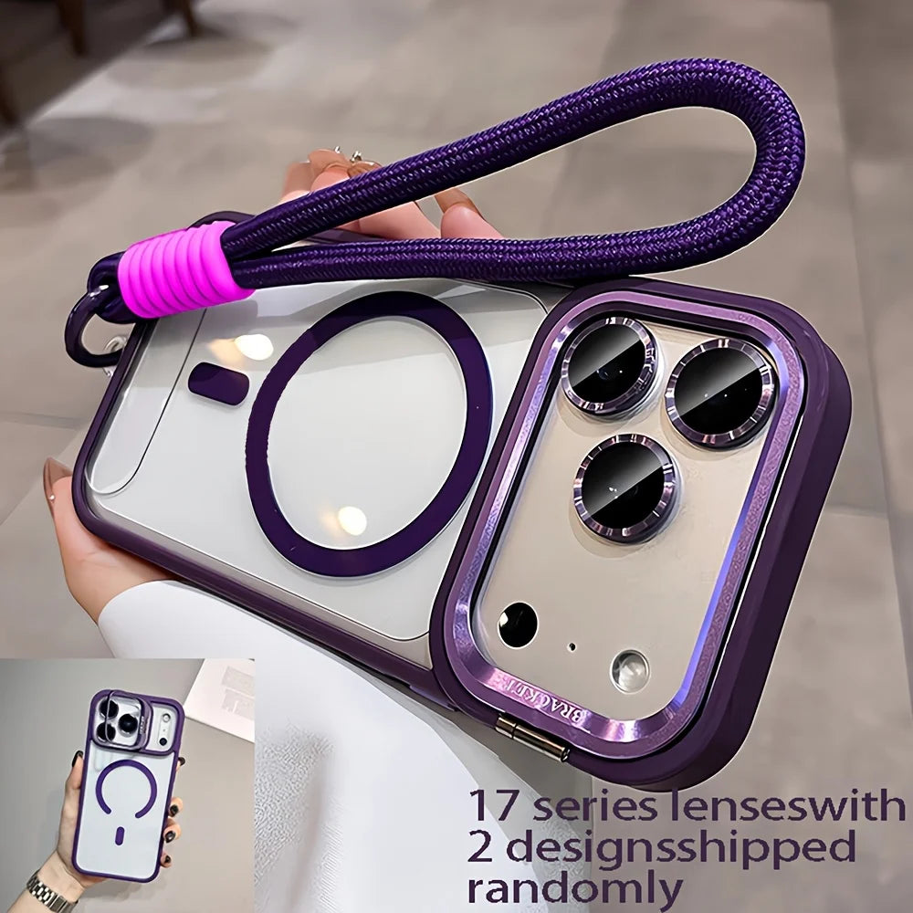 Luxury Orange Lanyard Magnetic Wireless Charging Metal Lens Holder Phone Case，CompatibleiPhone 17 Pro Max Air 16 15 14 13 12 Pro