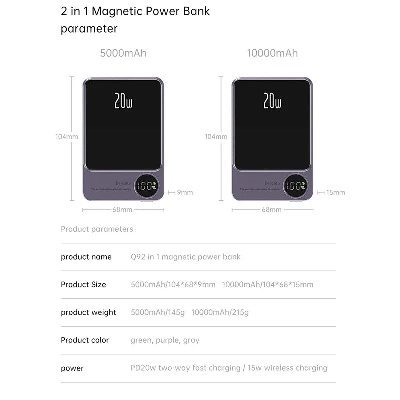 10000mAh Alloy Magnetic Powerbank Magnetic Power Bank Wireless Fast Charger For iPhone 15 14 13 12 11 Backup battery For Magsafe
