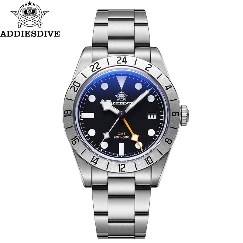 ADDIESDIVE New Luxury Men's Watch 200 Waterproof Stainless Steel Quartz Watch BGW9 Super Blue Luminous GMT Stainless Steel Watch
