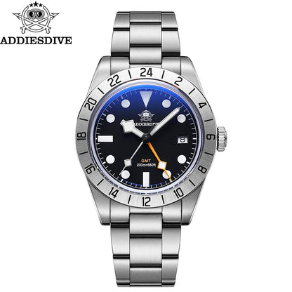 ADDIESDIVE New Luxury Men's Watch 200 Waterproof Stainless Steel Quartz Watch BGW9 Super Blue Luminous GMT Stainless Steel Watch