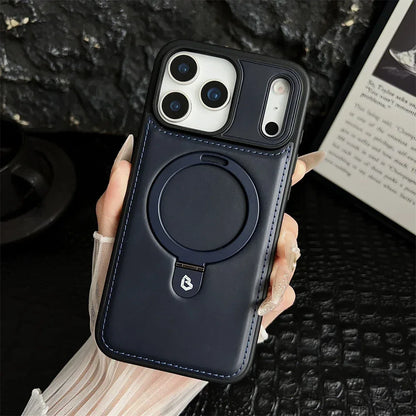 Luxury Magnetic Stand Ring PU Leather Case For iPhone 17 Air 16 Pro Max 15 14 13 12 Magsafe Wireless Charging Hollow Logo Cover