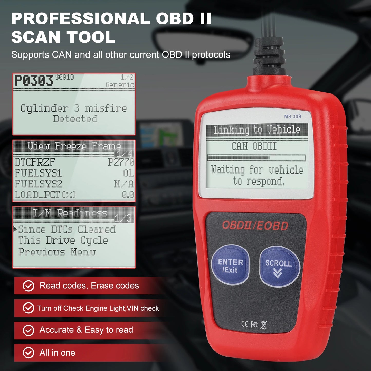 MS309 OBD2 Diagnostic Scanner Auto Car Health Check Code Reader Scanner Tool for All Cars Models with Bluetooth