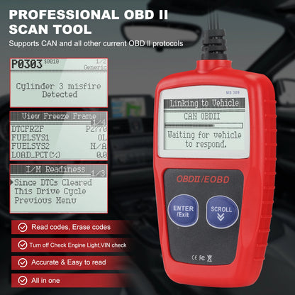 MS309 OBD2 Diagnostic Scanner Auto Car Health Check Code Reader Scanner Tool for All Cars Models with Bluetooth