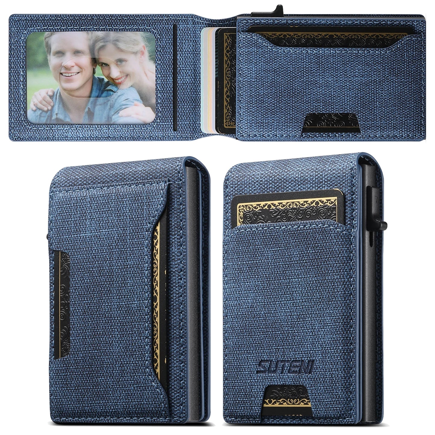 Push-out Card High Quality Faux Leather Card Holder Wallet Holder Large Capacity Can Hold 1-12 Cards 1 Photo Black/Brown/Blue