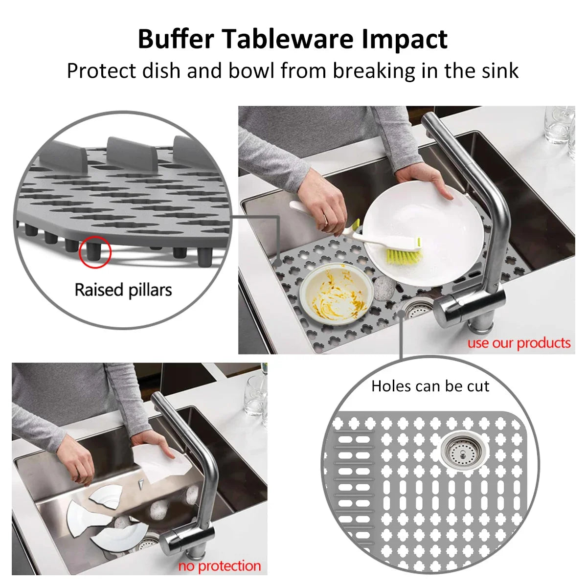 Silicone Sink Protector Non-slip Grey Sink Mat for Bottom Heat-Resistant Grid Tableware Dish Drying Pad Kitchen Draining Tool