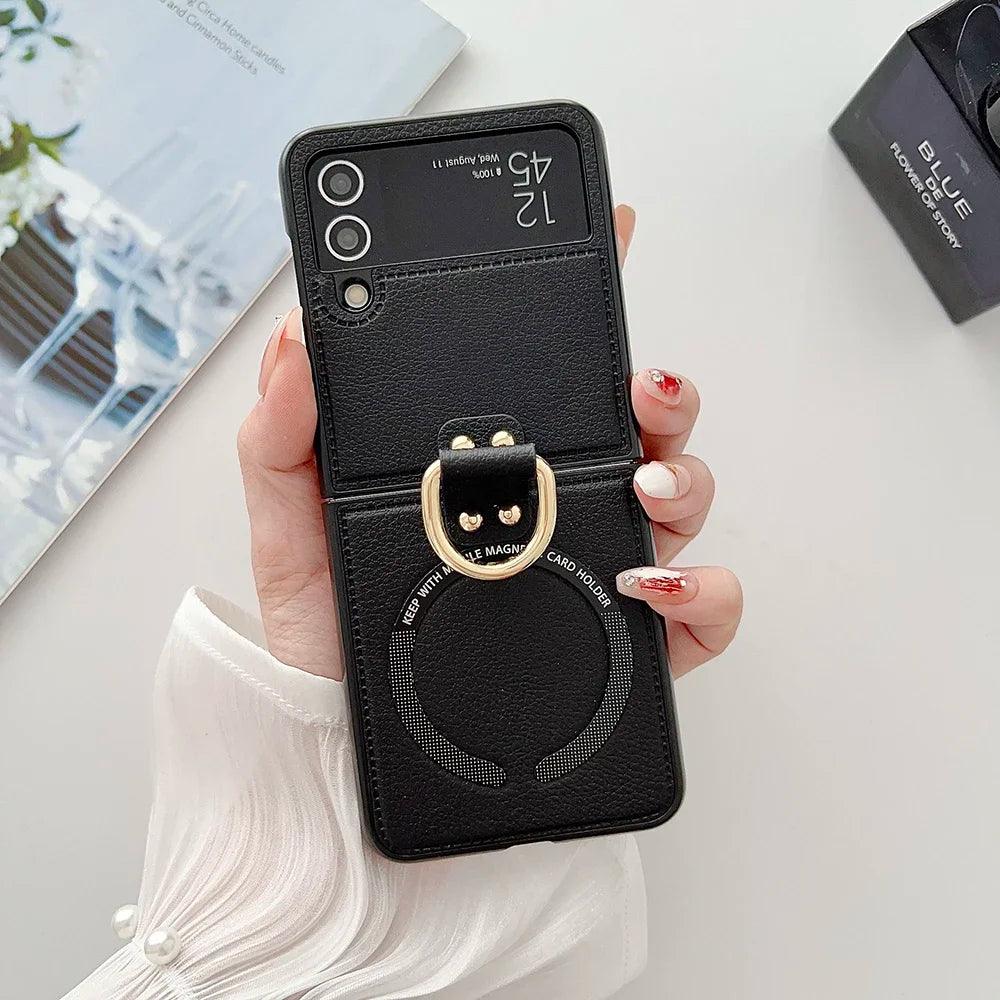 PU Leather Phone Cover for Samsung Galaxy Z Flip 7 FE 6 5 4 3 Case with Ring Holder for Magsafe Magnetic Wireless Charge Flip6