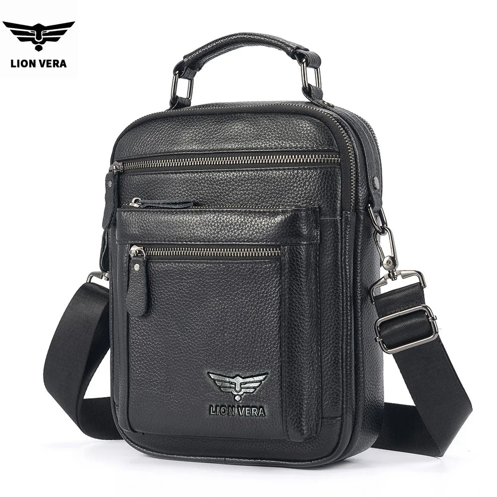 LION VERA Men's Shoulder Bag Casual Mobile Phone Zipper Bag Large Capacity Business Genuine Leather Travel Crossbody Bag