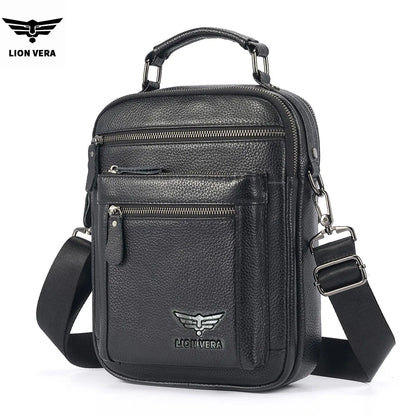 LION VERA Men's Shoulder Bag Casual Mobile Phone Zipper Bag Large Capacity Business Genuine Leather Travel Crossbody Bag