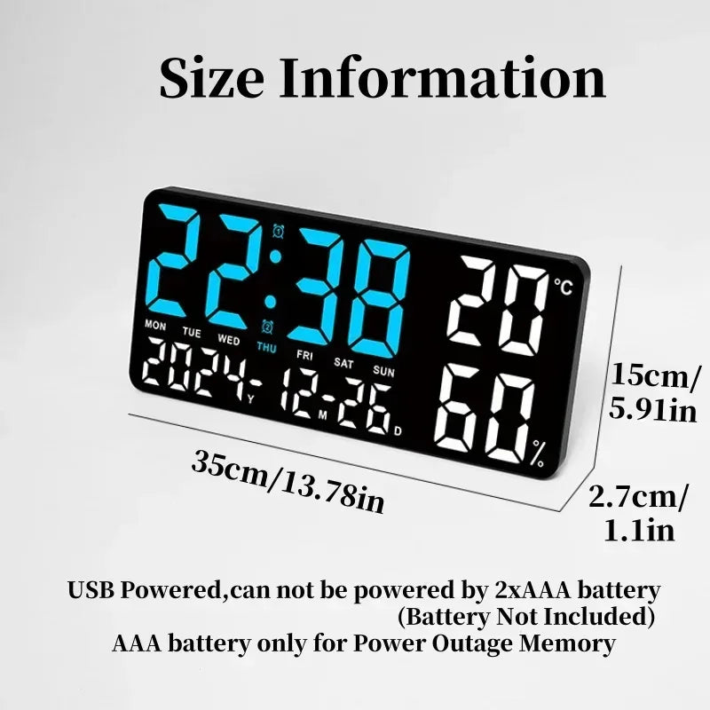 Large Digital Wall Clock with 7Colors Mood Light 2 Alarm TEMP Humidity Date Table Clock 12/24H Timing Countdown LED Alarm Clock - Urbizia