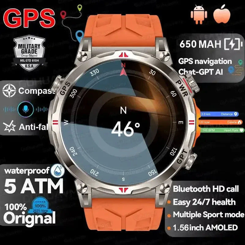 Military Grade Smart Watch Men GPS Compass Altimeter Clock 1.56" AMOLED 5ATM Waterproof Sport Fitness Tracker BT Call Smartwatch - Urbizia