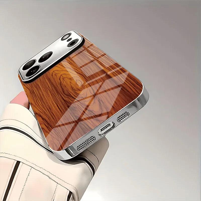 iPhone Wood Texture Tempered Glass Electroplate Case
