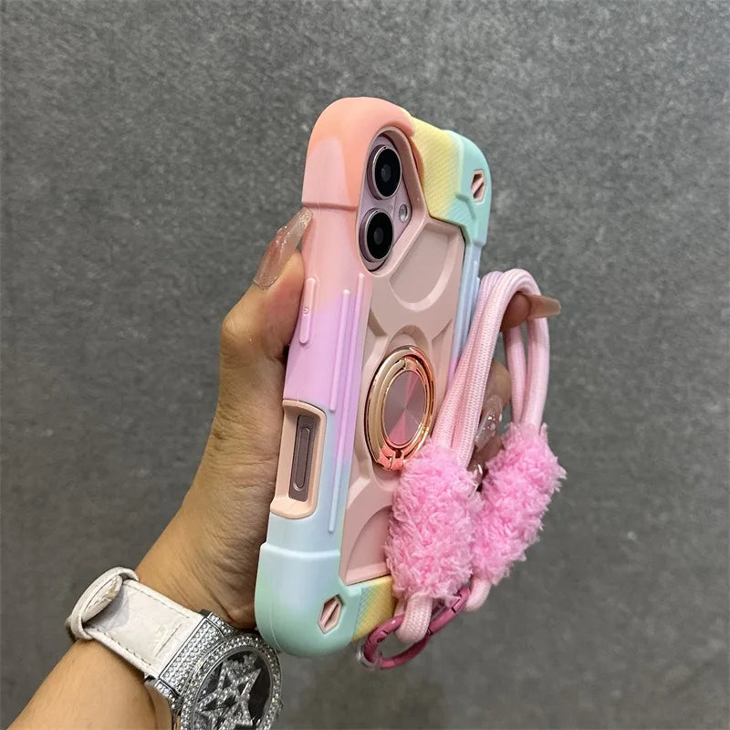 Luxury 3-in-1 Ring Stand Heavy Duty Protective Case For iPhone 17 16 15 14 13 Pro Max Shockproof and Drop-Resistant with Lanyard