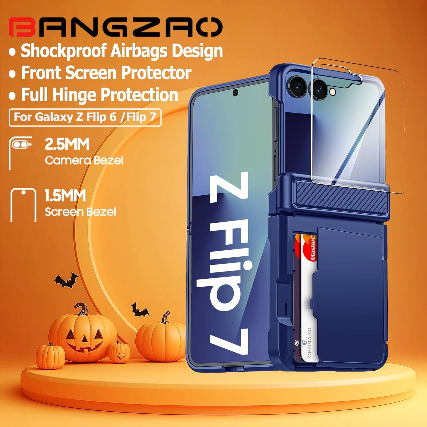For Galaxy Z Flip 7 With Card Holder,RFID,HD Protector,Rugged Anti-Scratch Full Shockproof Phone Case For Halloween Gifts-Blue