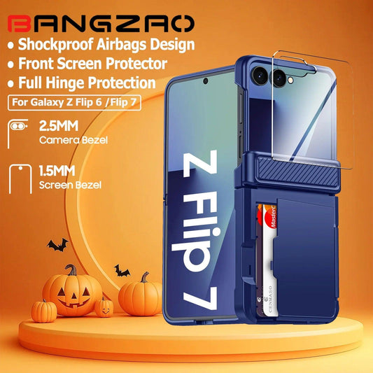 For Galaxy Z Flip 7 With Card Holder,RFID,HD Protector,Rugged Anti-Scratch Full Shockproof Phone Case For Halloween Gifts-Blue