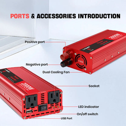 2600W 2000W 1500W LVYUAN Power Inverter 12V 110V 60Hz Car Inverter Dual US Sockets&USB Output Camping/Traval/RV Power Supply