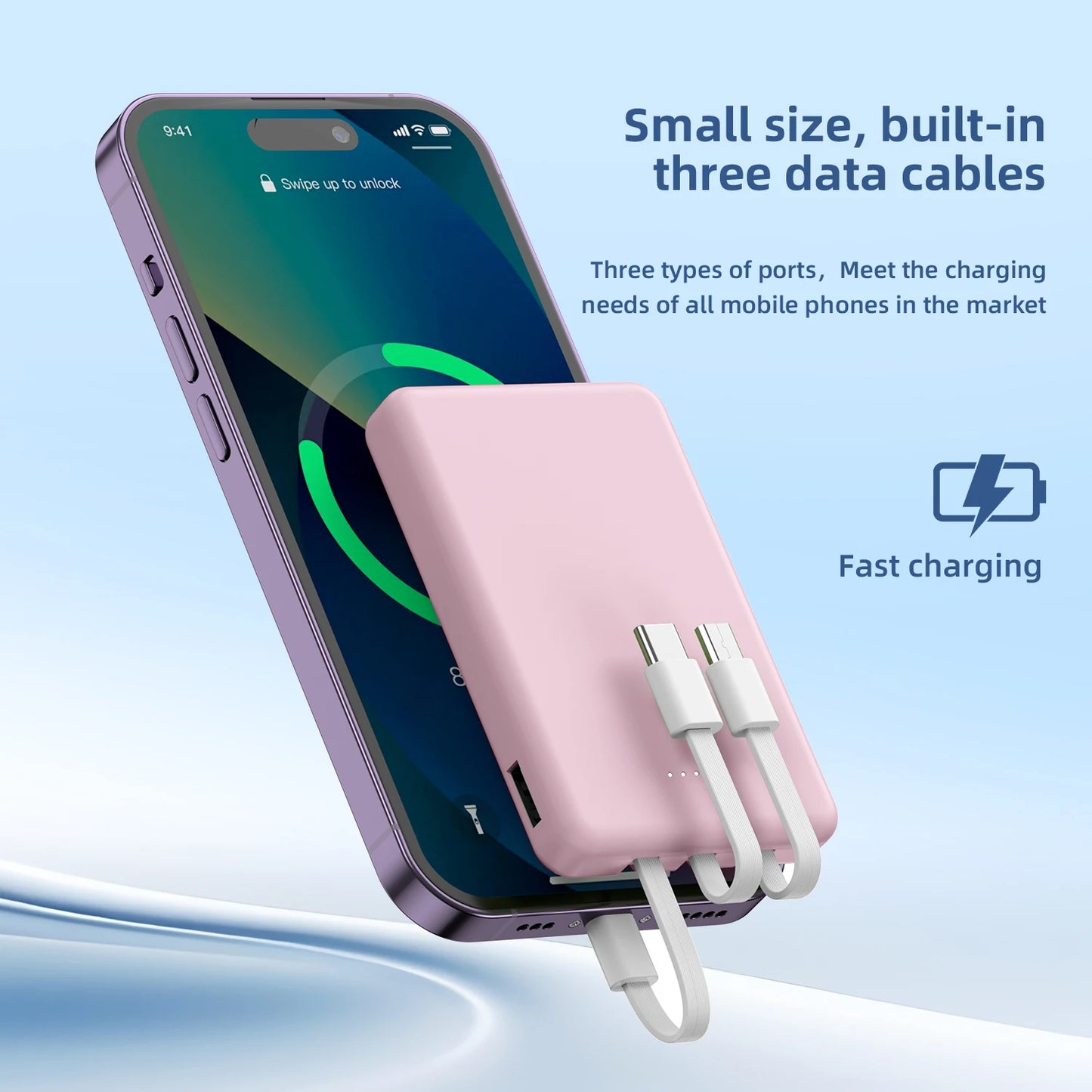Mini 5000mAh Portable Power Bank With Built-in LED Digital Display, 1 USB-A Port and 3 Integrated Charging Cords, Ultra Compact External Battery Pack, Support Multiple Devices Simultaneous Charging Compatible With  Android Sm
