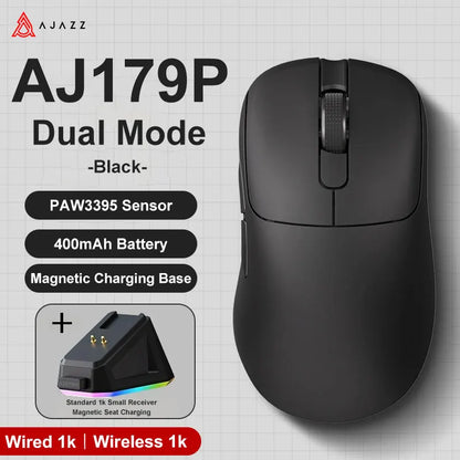 AJAZZ AJ179 PRO PAW3395 Lightweight Wired Wireless Mouse with Magnetic Charging Base Ergonomic Macro Gaming Mouse for PC Laptop