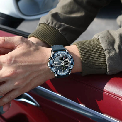 POEDAGAR Top Fashion Man Clock Waterproof Electronic LED Luxury Men's Watches Dual Time Display Digital Leather Men Quartz Watch
