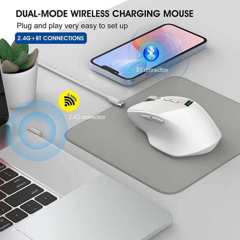 Noiseless T02 Dual Mode Wireless Mouse Bluetooth 5.0 & 2.4G, Silent Click, Large Battery Rechargeable, Battery Display