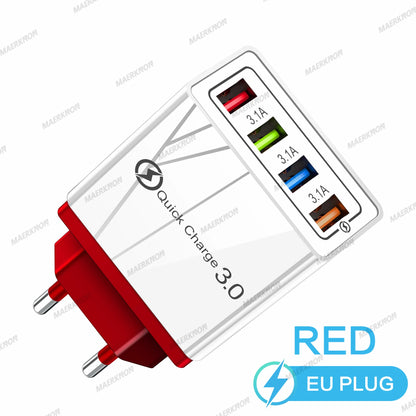 3A USB Charger 4 Ports USB Quick Charge 3.0 EU US Plug For iPhone Samsung Xiaomi Poco Fast Charging Mobile Phone Charger Adapter