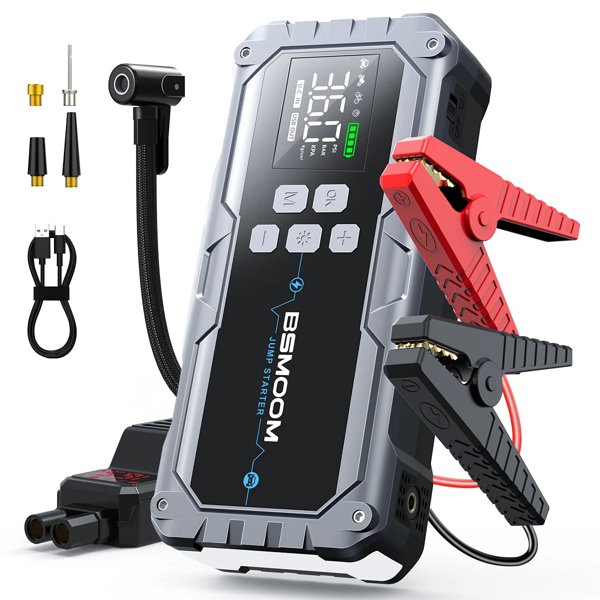 1500A Peak Car Battery Starter Kit, Featuring a 150 PSI Air Compressor, Jump Cable Box, Portable Starter for 12L of Gasoline/10.0L of Diesel Engines, LCD Display, 3-Mode LED Flashlight, Fast Charging USB-C, Lithium Polymer Ba