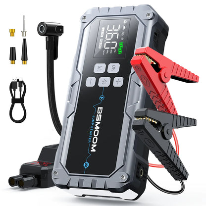 1500A Peak Car Battery Starter Kit, Featuring a 150 PSI Air Compressor, Jump Cable Box, Portable Starter for 12L of Gasoline/10.0L of Diesel Engines, LCD Display, 3-Mode LED Flashlight, Fast Charging USB-C, Lithium Polymer Ba