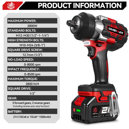 ONEVAN 8000RPM 2800N.M Brushless Electric Impact Wrench Cordless Car Repair Screwdriver Drill Power Tool For Makita Battery Pin
