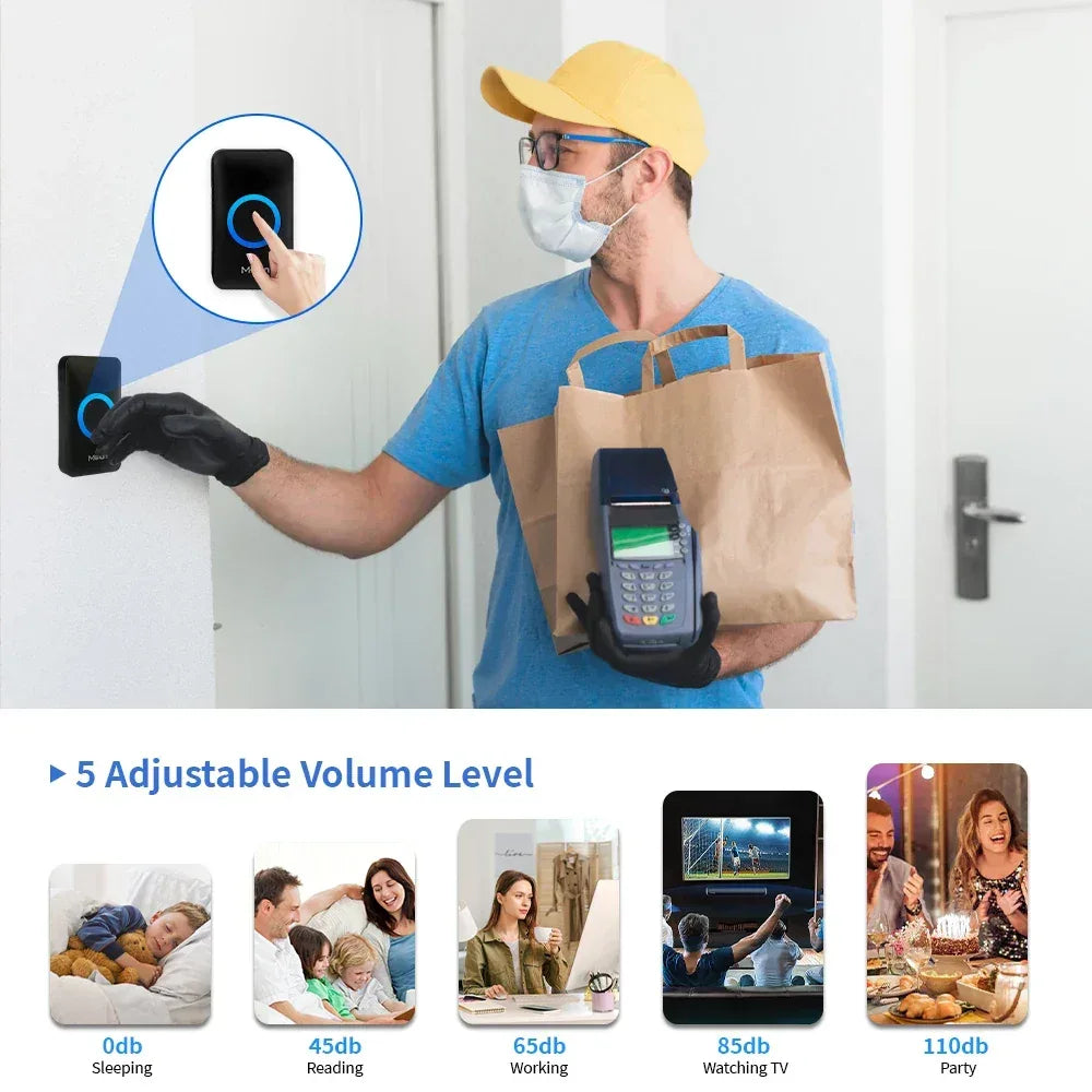 Meian Smart Home Doorbell Wireless Security Doorbell IP65 Waterproof Outdoor Door Bell 60 Songs 5 Volume Adjustable Chime Kit - Urbizia
