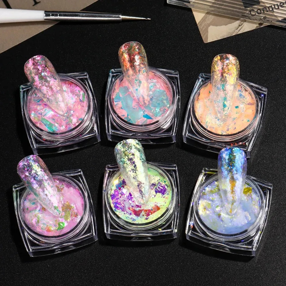 6pcs Aurora Opal Nail Glitter Flakes Iridescent Nail Pigment Crystal Mermaid Sparkly Dreamy Nail Art Sequins Manicure Decoration