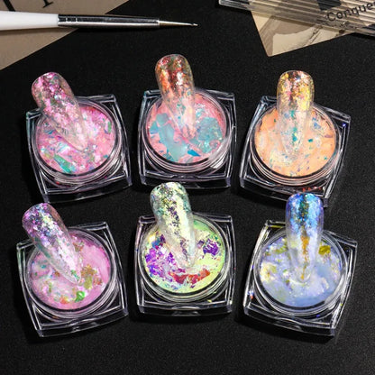 6pcs Aurora Opal Nail Glitter Flakes Iridescent Nail Pigment Crystal Mermaid Sparkly Dreamy Nail Art Sequins Manicure Decoration