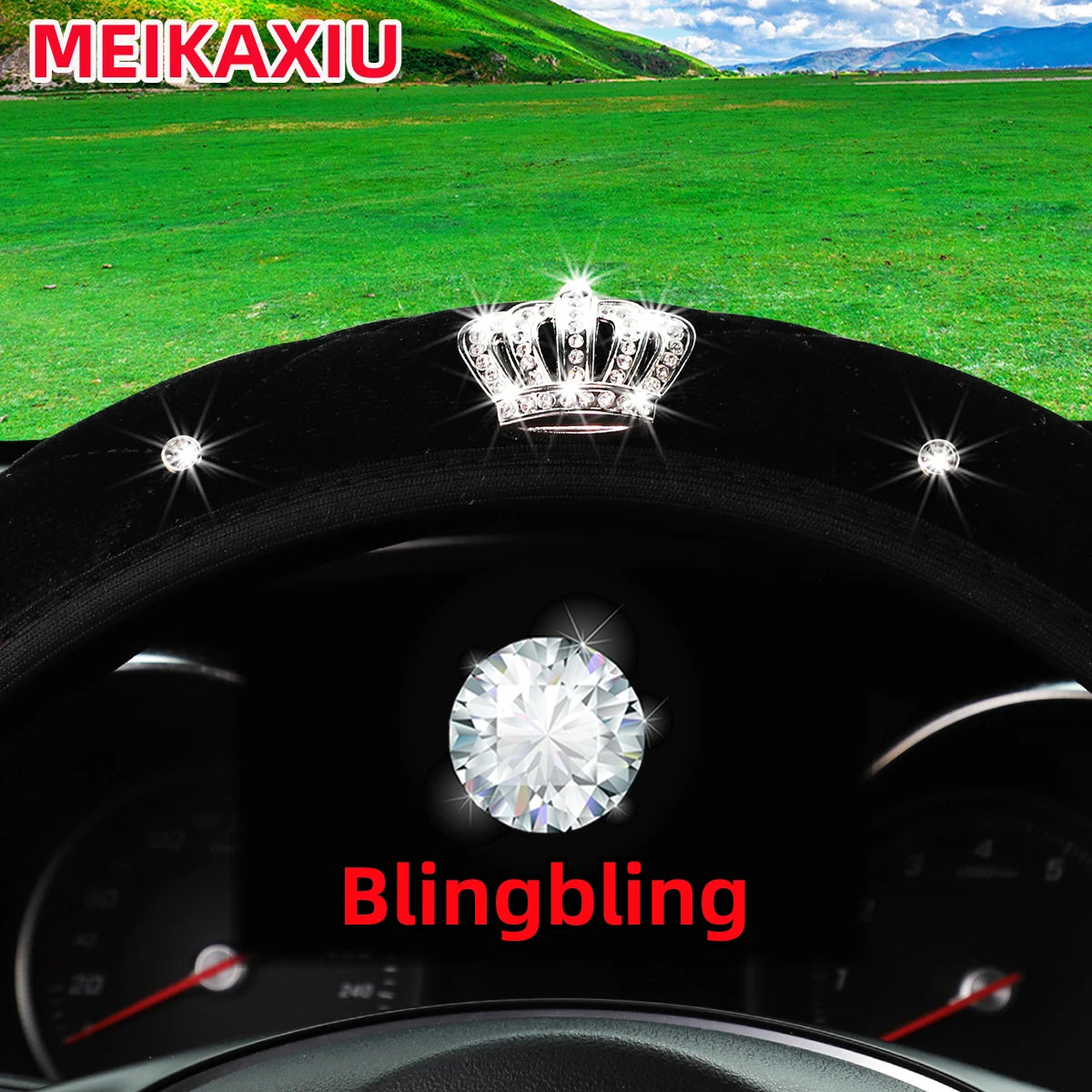 Winter Short Fur Velvet Steering Wheel Cover Diamond-Encrusted Crown Blingbling Car Interior Accessory without Inner Ring