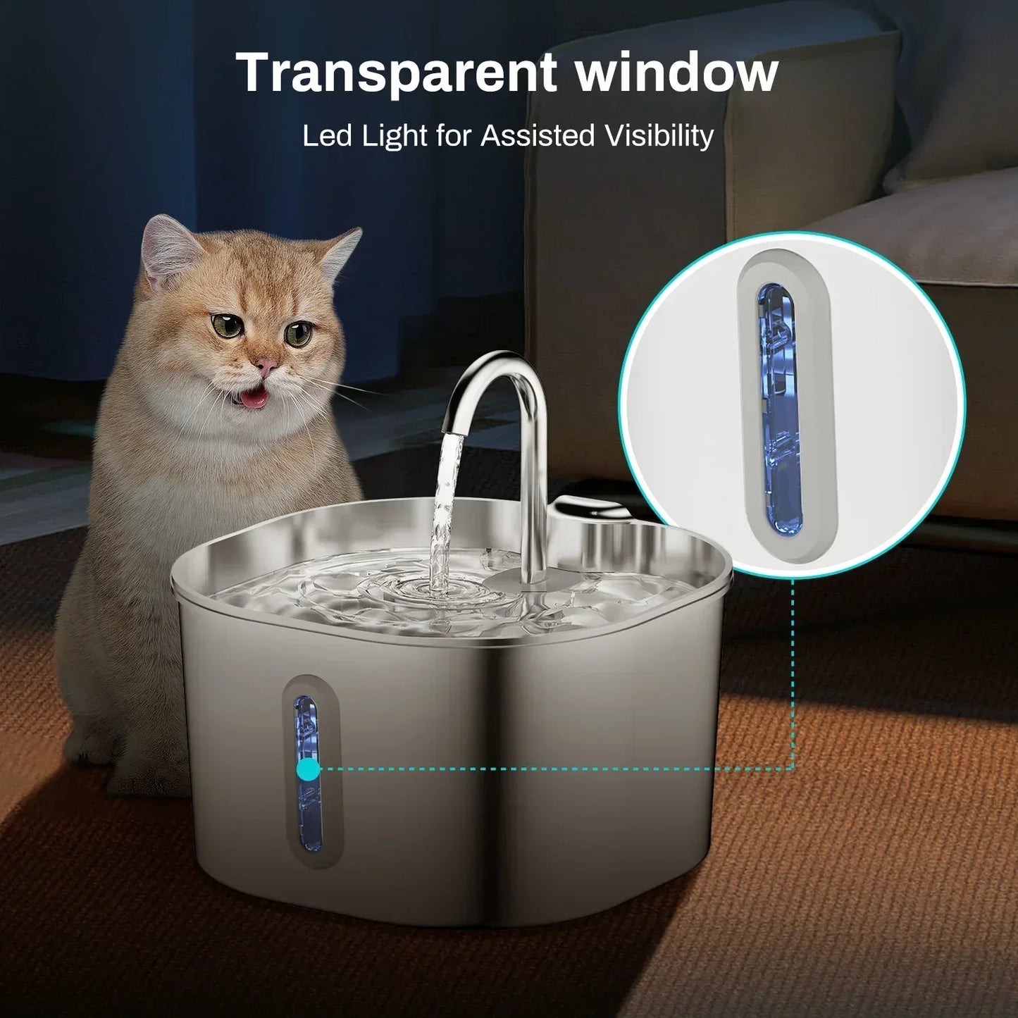 ZYFeeder 2.2L Automatic Cat Water Fountain Square Stainless Steel Pet Water Feeder Dog Water Fountain with window（No 5V 1A Plug） - Urbizia