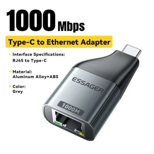 Essager Type-C to Ethernet Adapter 100/1000Mbps Gigabit High-Speed RJ45 To Type-c Adapter For MacBook Laptop Wired Network Card - Urbizia