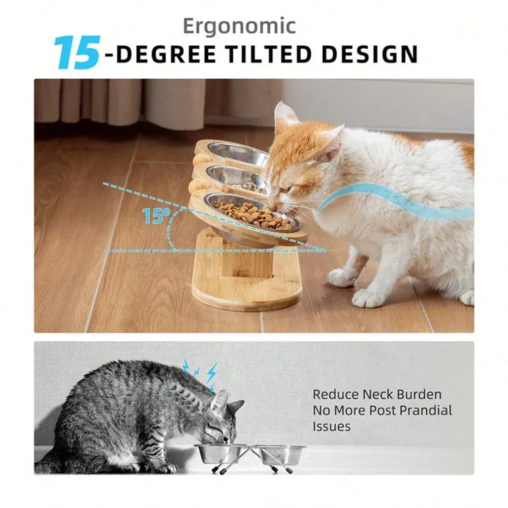 Cat 3 Bowls in 1 Feeder Feeding & Watering Supplies Food Bowl 15-Degree Tilt Raised Puppy 3 Stainless Steel Bowls Wood Brackets - Urbizia