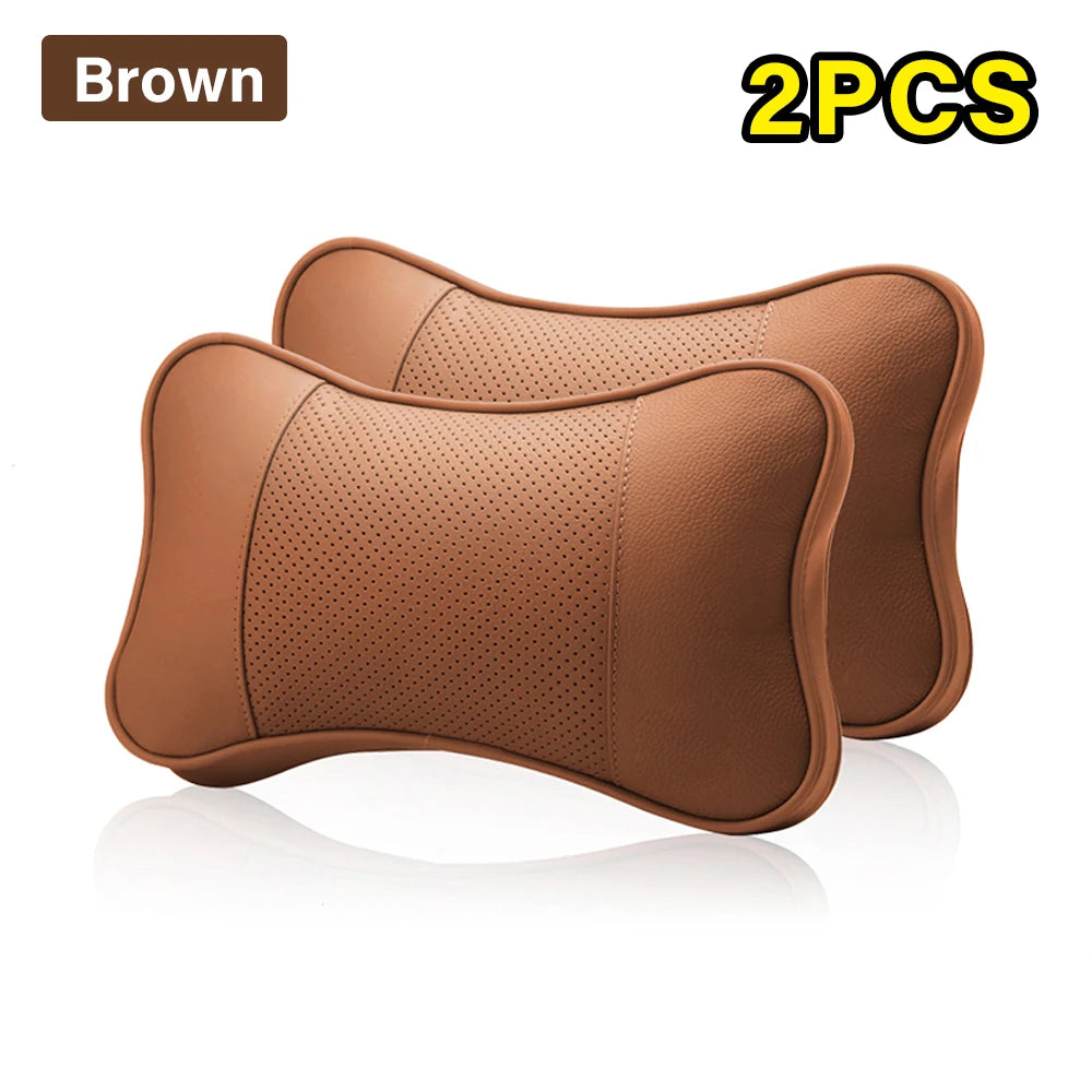 2PCS Top Quality Cowhide Car Neck Pillows Headrest Neck Pillow Support Auto Universal Seat Soft Breathable Interior Decoration