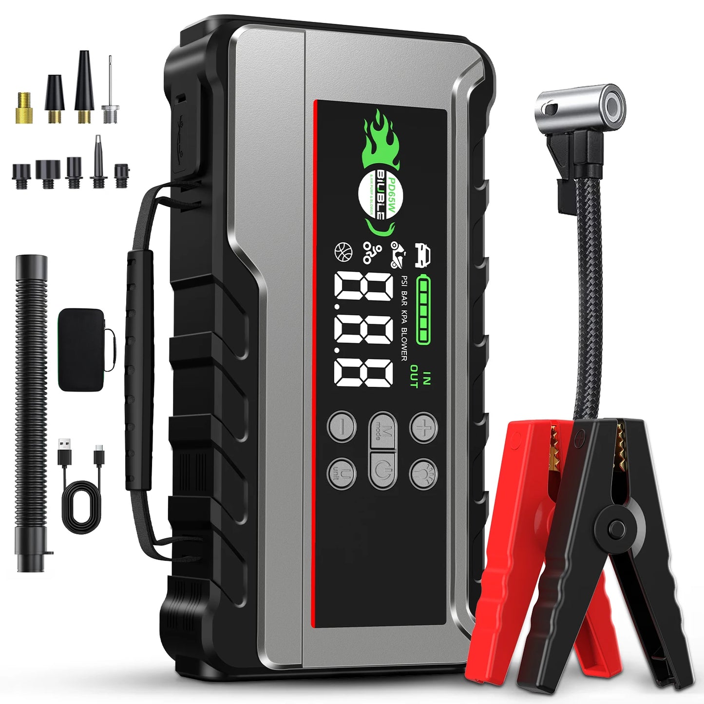 1500A Peak Car Battery Starter Kit, Featuring a 150 PSI Air Compressor, Jump Cable Box, Portable Starter for 12L of Gasoline/10.0L of Diesel Engines, LCD Display, 3-Mode LED Flashlight, Fast Charging USB-C, Lithium Polymer Ba