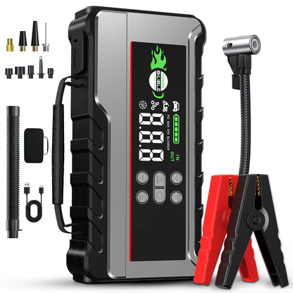 1500A Peak Car Battery Starter Kit, Featuring a 150 PSI Air Compressor, Jump Cable Box, Portable Starter for 12L of Gasoline/10.0L of Diesel Engines, LCD Display, 3-Mode LED Flashlight, Fast Charging USB-C, Lithium Polymer Ba