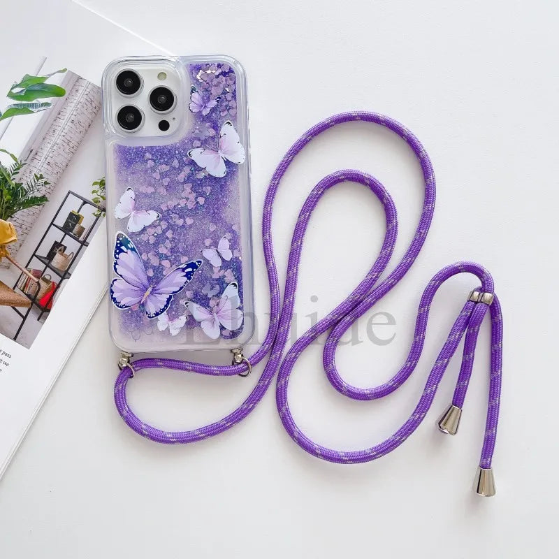 Quicksand Strap Case For Samsung Galaxy S26 Ultra S24 S23 S25 Plus S21 S22 S20 FE Liquid Glitter Flower Crossbody Lanyard Cover